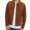 Logan Mens Brown Suede Leather Trucker Jacket