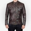 Mens Distressed Quilted Brown Leather Biker Jacket
