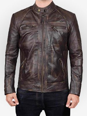Mens Distressed Quilted Brown Leather Biker Jacket