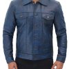 Blue Genuine Leather Trucker Mens Jacket