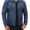 Blue Leather Trucker Jacket for Men