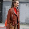 Josephine Skriver Brown Leather Jacket Maybelline