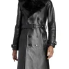 Kate Moss in black leather and shearling trench coat in London on December 16