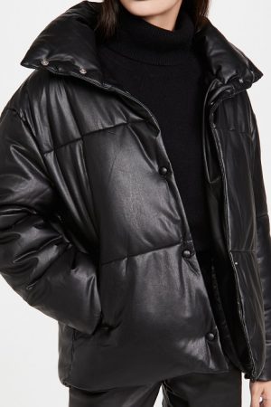 Women's Black Leather Puffer Jacket