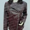 Women Burgundy Fur Collar Leather Jacket