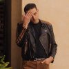 g-eazy black and brown biker leather jacket