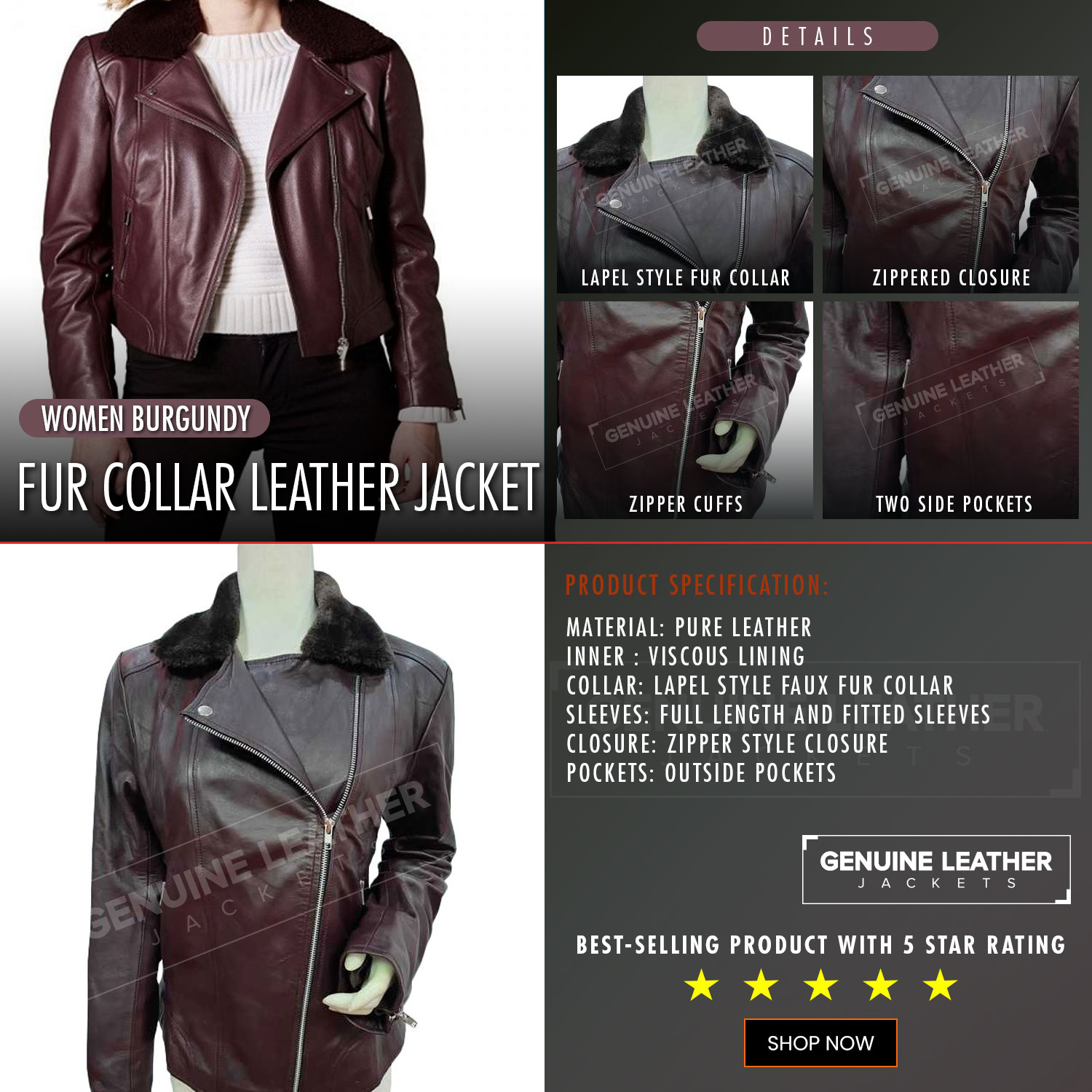 Women Burgundy Fur Collar Leather Jacket