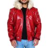 Red Crocodile Leather Faux Fur Hoodie Jacket For Men