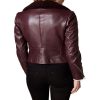 Women Burgundy Fur Collar Leather Jacket Back View