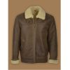 Brown Aviator Cream Shearling Leather Jacket For Men Fronside