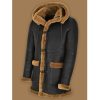 Black Leather Coat With Brown Shearling Collar Hoodie For Men