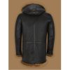 Black Leather Coat With Brown Shearling Collar Hoodie For Men Backside View