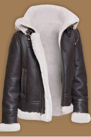 Black Leather Jacket With White Shearling Hoodie For Men Frontside View