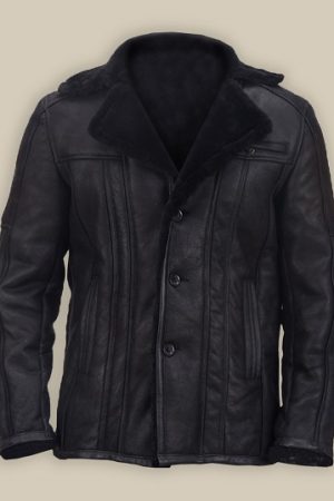 Jet Black Shearling Biker Leather Jacket For Men Frontside