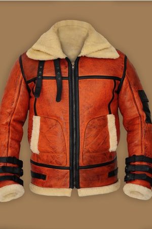 Men's Distressed Tan Brown Shearling Leather Jacket Frontside