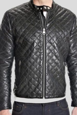 Mens Snap Tab Collar Quilted Leather Jacket