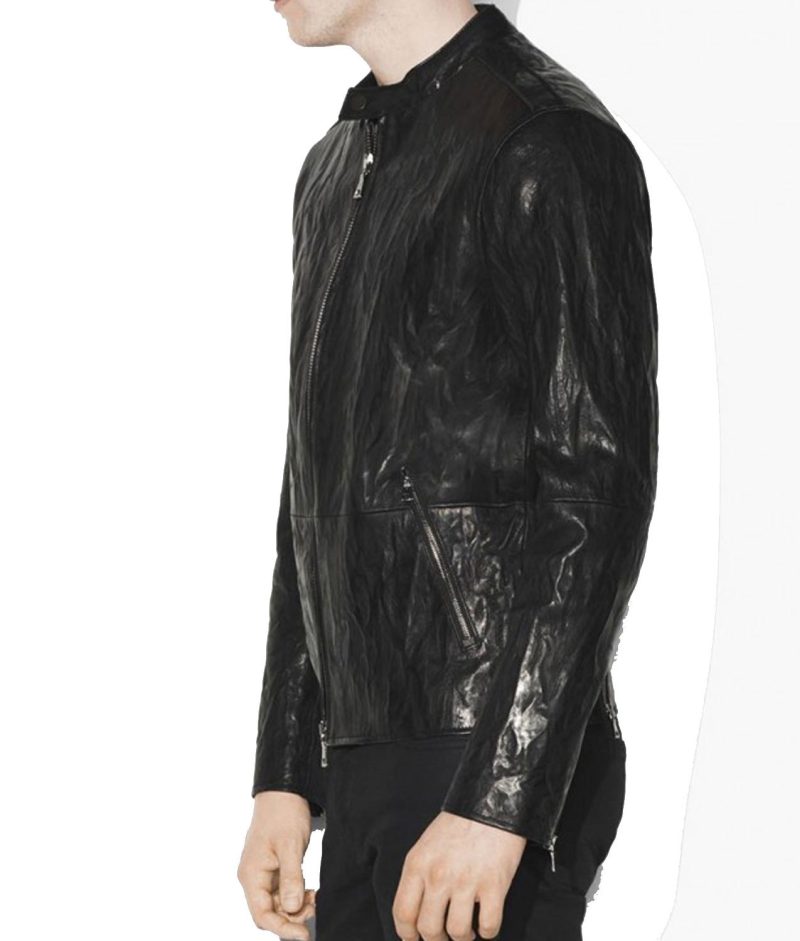 Men’s Snap Tab Collar Causal Crinkled Black Leather Jacket