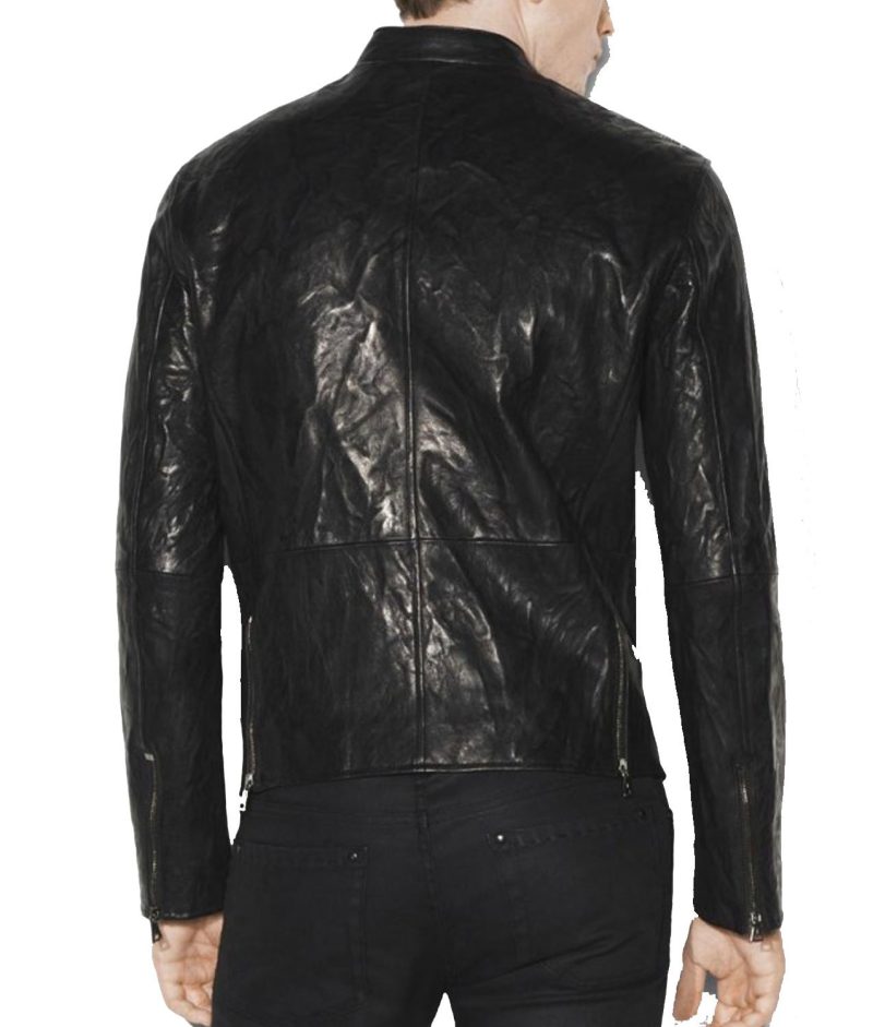 Men’s Snap Tab Collar Causal Crinkled Black Leather Jacket