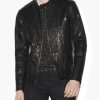 Men’s Snap Tab Collar Causal Crinkled Black Leather Jacket