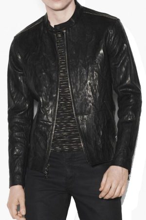 Men’s Snap Tab Collar Causal Crinkled Black Leather Jacket