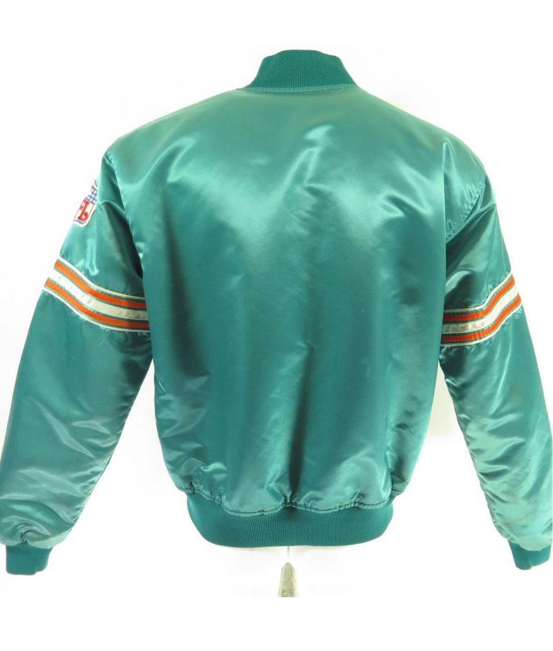Back side Miami Dolphins Green Satin Bomber Jacket