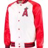 Front side Men’s Los Angeles Angels Red and White Satin Jacket