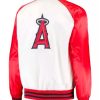 Back side Men’s Los Angeles Angels Red and White Satin Jacket