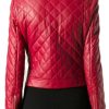 Women’s Diamond Quilted Zipper Pockets Leather Jacket Back side