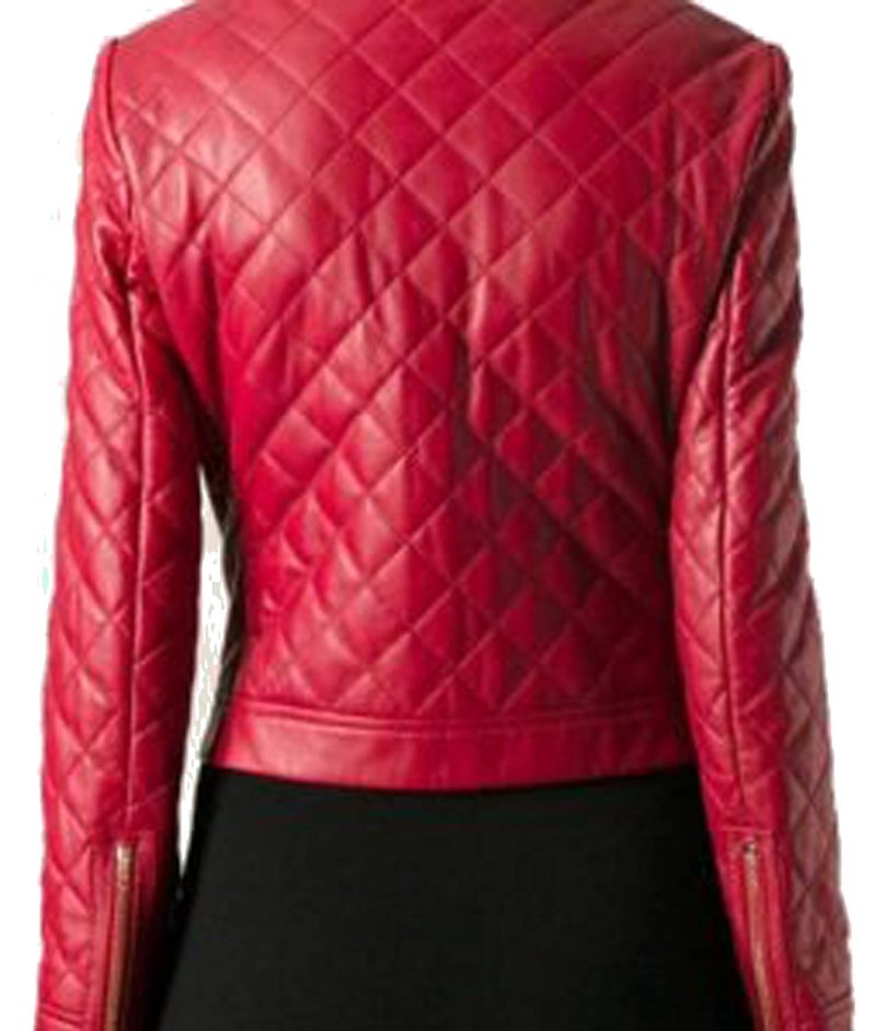 Women’s Diamond Quilted Zipper Pockets Leather Jacket Back side