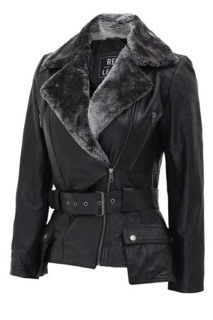 Asymmetrical Leather Black Shearling Jacket Womens