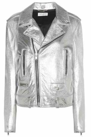 Asymmetrical Metallic Silver Leather Jacket