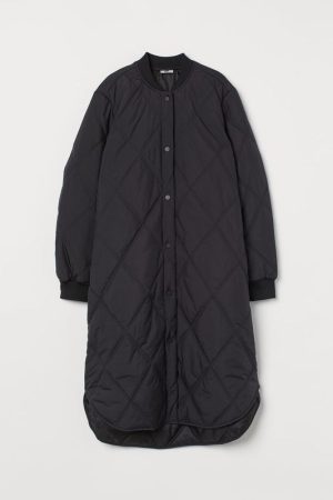 Calf Length Polyester Quilted Black Coat
