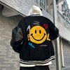 Back View of Furry Smiley Patchwork Varsity Jacket
