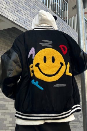 Back View of Furry Smiley Patchwork Varsity Jacket