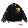 front view of Furry Smiley Patchwork Varsity Jacket