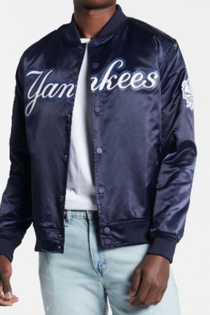 New York Yankees Big Logo Navy Blue Satin Bomber Jacket 