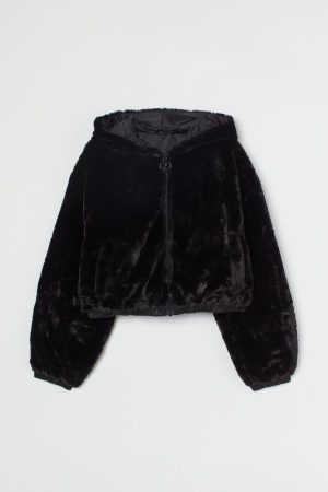 Short Faux Fur Hooded Black Jacket