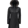 Womens Black Leather Coat - Removable Fur Hood