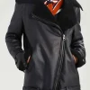 Womens Black Leather Shearling Aviator Jacket