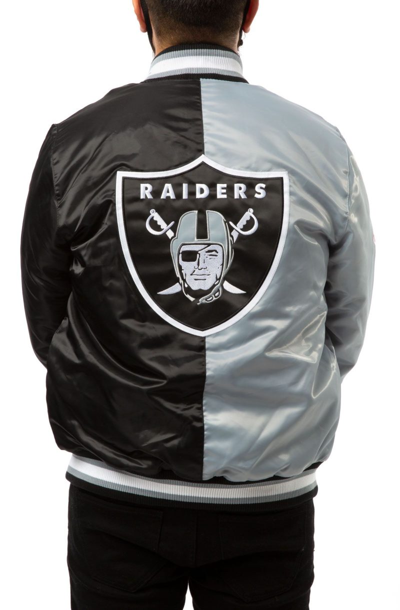 Back view of Las Vegas Raiders Gray & Black Nylon Jacket