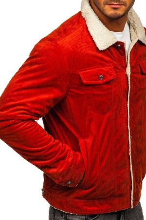 Corduroy Trucker Red Jacket with Furry Collar