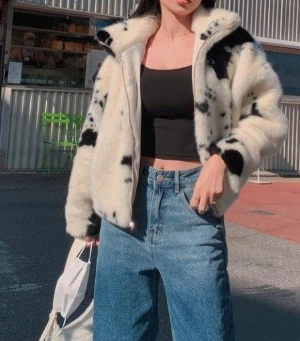 Cow Print Cropped Shearling Jacket