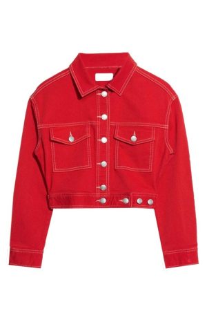 Cropped Red Denim Jacket