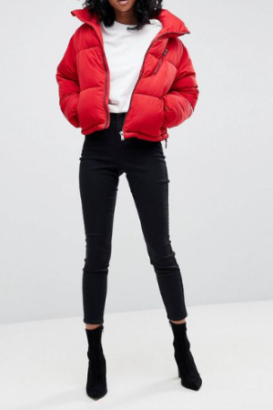 Cropped Red Poly Puffer Jacket