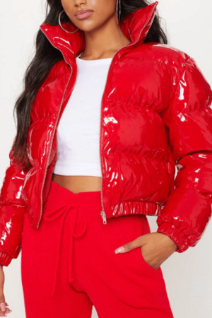 Glossy Red Parachute Cropped Puffer Jacket