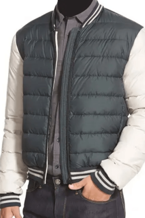 Gray and White Varsity Bomber Puffer Jacket