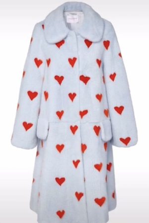 Heart Printed White Shearling Long Coat