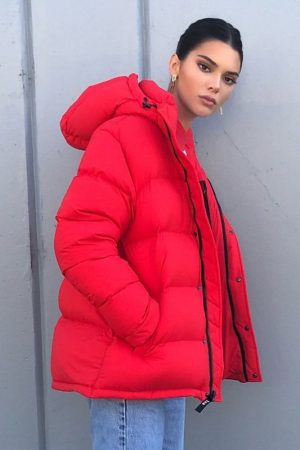 Kendall Jenner Red Poly Puffer Hooded Jacket