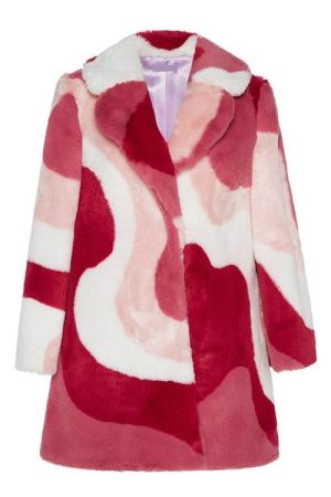 Marble Effect Shearling Red Long Coat