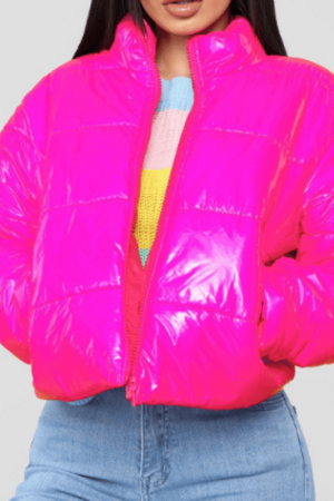 Metallic Hot Pink Cropped Polyester Puffer Jacket
